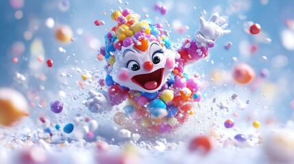Joyful clown figure in snow, candy-coated