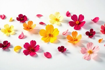 Colorful flower petals scattered across a plain white surface, white, botanical