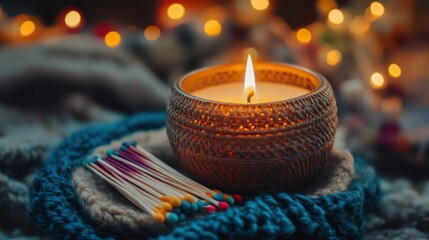 Cozy candle with matches on a knitted blanket, warm ambiance, blurry background