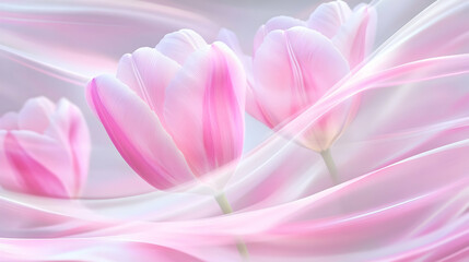 Fototapeta premium Delicate pink tulips blossom amid flowing pastel colors, creating a serene spring ambiance
