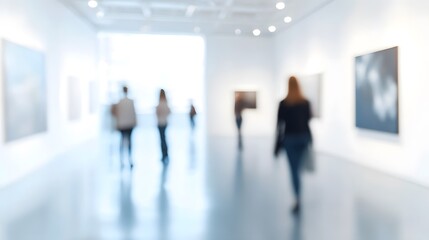 Blurred minimalist art gallery with visitors in the background