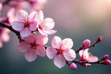 Obraz premium Delicate pink sakura blossoms, soft petals, gentle branch pattern , branch, petal, floral background
