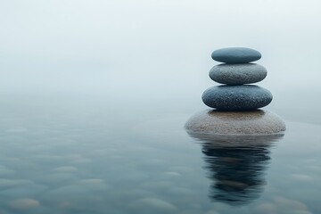 Floating stones hover above a calm sea, creating a surreal dance of balance and gravity in a misty landscape