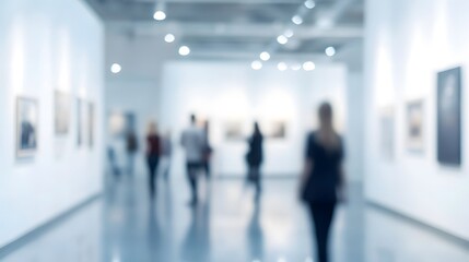 Blurred minimalist art gallery with visitors in the background