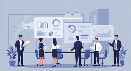 Obraz premium Business meeting scene with professionals discussing financial growth, innovation, and productivity. Modern flat design with bright corporate colors.
