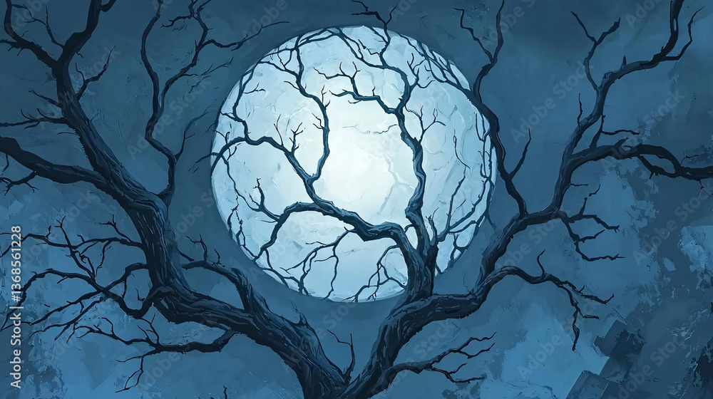 Poster a majestic tree silhouetted against a full moon in the background creating a serene and mystical atm