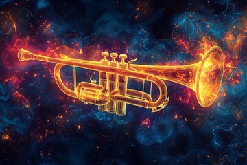 Floating trumpet surrounded by abstract, glowing jazz symbols, creating a vibrant and dynamic visual