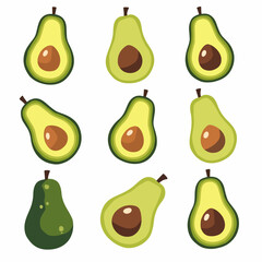 Set avocado vector, Set of fresh whole and half avocado isolated on white background. Organic food. Cartoon style. Vector illustration for design.