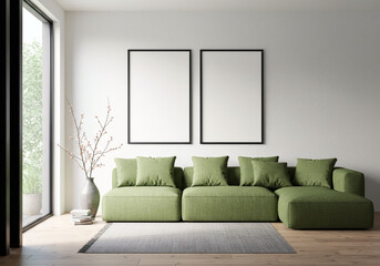 Minimalist interior mockup with blank frame. Empty frame wall poster mockup. Interior mockup with modern design. Contemporary interior scene