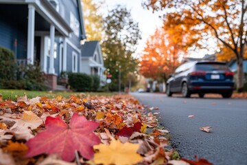 Blühende Blumen und moderne Wohnhäuser in ruhigem Vorort

