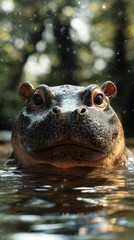 Fototapeta premium Hippo surfaces in a tranquil waterbody surrounded by lush greenery under soft sunlight