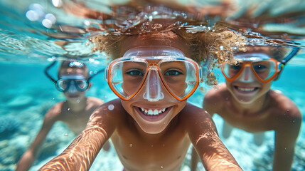 Fototapeta premium Kids excitedly snorkeling underwater, wearing masks and smiling joyfully. vibrant marine life and clear blue water create fun and adventurous