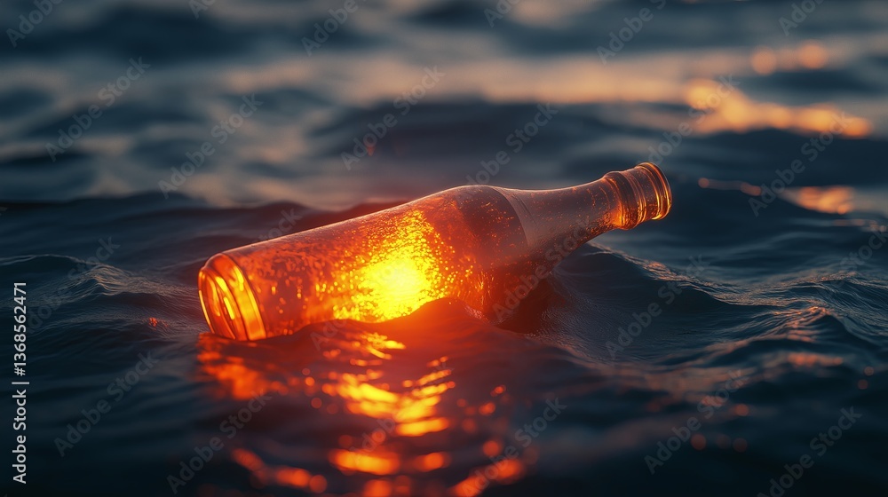 Poster a bottle floating in the ocean, glowing from within