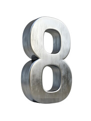 Silver font number. Silver number 8. Silver number "8" isolated on a transparent background.