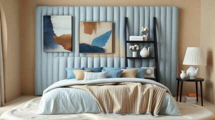 A composition of cozy and tactile bedroom details, emphasizing the harmonious balance of color, texture, and sculptural decor