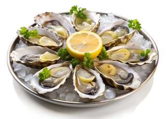 Platter of Culinary Delights: A close-up shot reveals a tantalizing array of fresh oysters artfully arranged on a platter, complemented by slices of lemon and vibrant parsley.