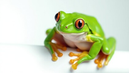 Obraz premium Green tree frog perched on white, vibrant skin, fauna, bright