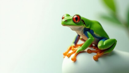 Fototapeta premium Green tree frog perched on white, vibrant skin, amphibian, animal kingdom, biology