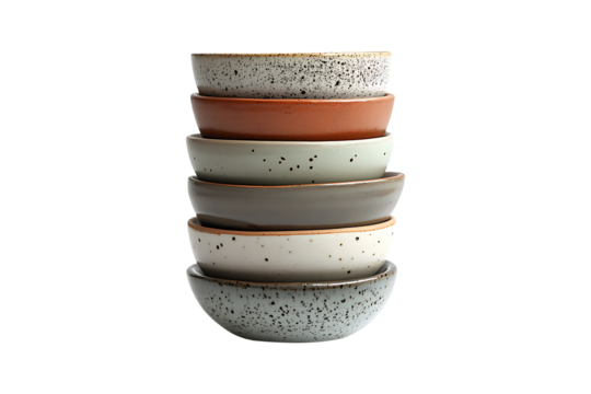 Stacked ceramic bowls with a minimalist design isolated on white or transparent background.