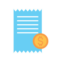 Vector illustration of a blue receipt with a gold dollar coin placed on it, symbolizing a financial transaction, payment record, sales summary