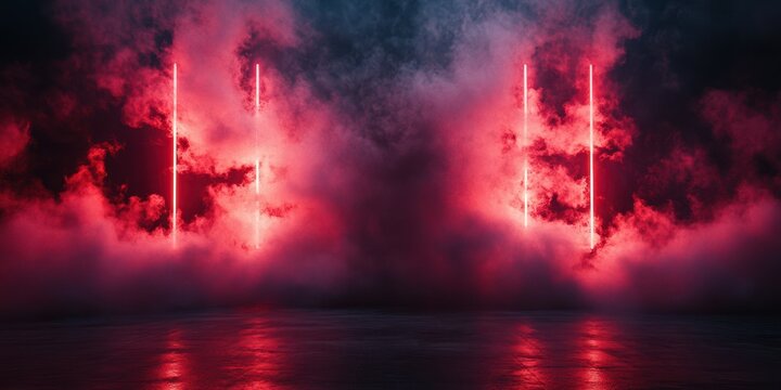 Atmospheric red and black lighting with fog creating a dramatic visual experience at an indoor event