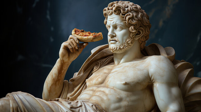 marble statue of muscular man holding slice of pizza, exuding relaxed vibe. intricate details of sculpture highlight artistry and humor in this modern twist