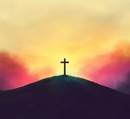 Minimalist sunrise illustration with cross on hill, modern Christian vector design

