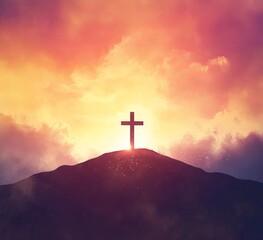 Minimalist sunrise illustration with cross on hill, modern Christian vector design
