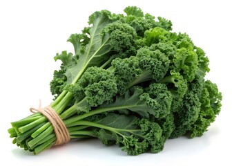 Vibrant Kale Bunch: Freshly harvested kale, with its deep green, crinkled leaves, bundled together with rustic twine, representing health and nourishment in a photorealistic display. 