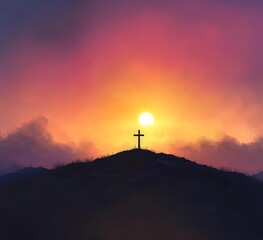 Minimalist sunrise illustration with cross on hill, modern Christian vector design
