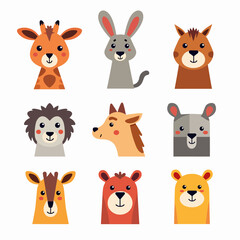 Fototapeta premium Cute baby safari animal faces vector illustration. The set includes, Baby Animal Faces Set