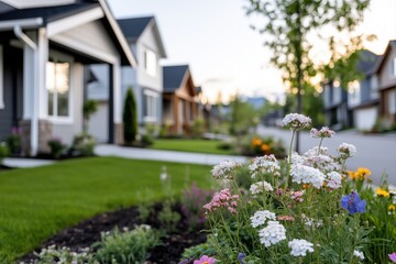 Obraz premium Blühende Blumen und moderne Wohnhäuser in ruhigem Vorort