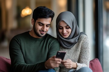 Middle eastern mid adult couple using phone after moving