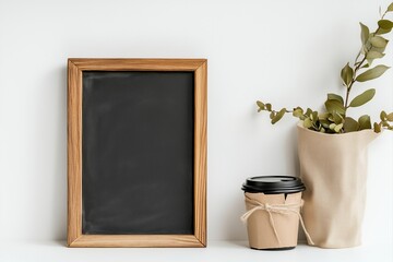 Kaffeetafel mit dekorativer Kreidetafel und Pflanzen

