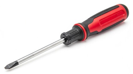 Fototapeta premium Screwdriver flat tip with red and black handle isolated on white with clipping path included