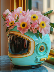 Mint green astronaut helmet repurposed as a vase with pink flowers.
Creative home decor blending sci-fi and floral aesthetics.