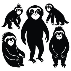 Cute Minimalist Sloth Silhouette Black Vector Collection Set