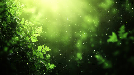 Lush forest foliage illuminated by sunlight, vibrant green leave