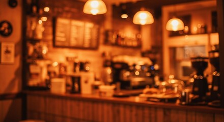 Warm cafe interior soft lighting cozy ambiance. AI Generated