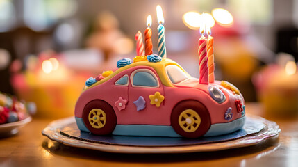A pink car shaped cake with lit candles on a silver plate sitting on a wooden table with other cakes