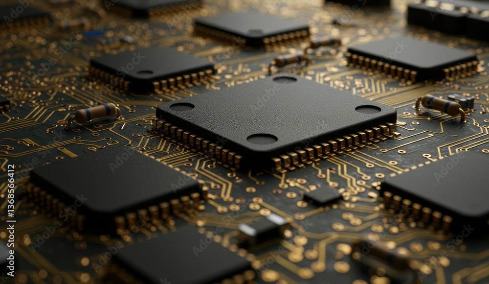 Poster close-up view of circuit board with microchips and electronic components. technology, innovation, en