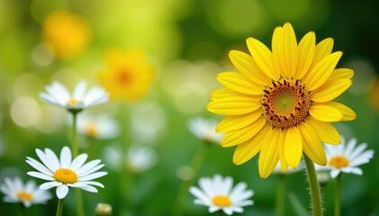 Fototapeta premium One bright yellow sunflower among white daisies, bold, bloom