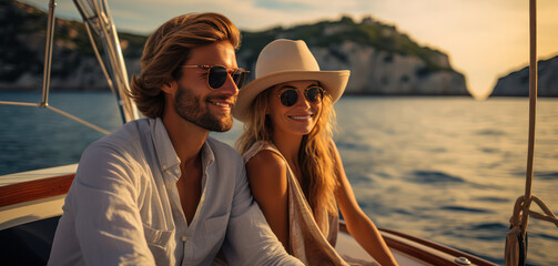 couple enjoying romantic sailing experience on boat, surrounded by stunning coastal scenery at sunset. Their smiles joy and adventure