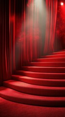 Elegant red staircase leads to a mysterious stage, inviting curiosity and anticipation for a captivating performance