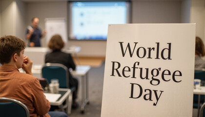 World Refugee Day sign in conference room during presentation, awareness