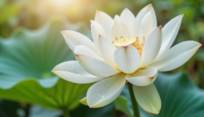 Lotus flower covered in dew drops, serene morning beauty