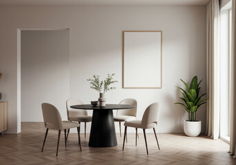 Minimalist interior mockup with blank frame. Empty frame wall poster mockup. Interior mockup with modern design. Contemporary interior scene