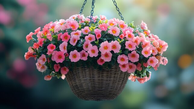 Hanging basket overflowing with vibrant pink calibrachoa flowers