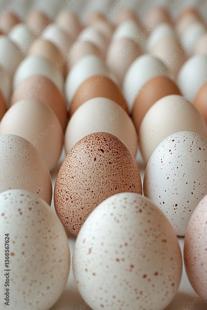Poster a close-up view of various eggs arranged in rows, showcasing different colors and textures, with a s