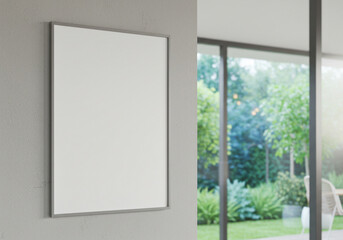 Minimalist interior mockup with blank frame. Empty frame wall poster mockup. Interior mockup with modern design. Contemporary interior scene